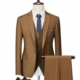 men Slim Busin Casual Suits Dr Three-piece Set Jacket Pants Vest / Male Wedding Groom Blazer Coat Trousers Waistcoat 87LO#