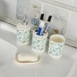 Uppsättningar 3st/4st Set Plastic Printing Badrumstillbehör Set Lotion Dispenser Mouthwash Cup Soap Dish Home Decor