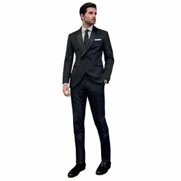 Stevditg elegante conjunto completo roupas masculinas ternos preto xale lapela duplo breasted formal 2 peça calças jakcet casamento magro b6FI #