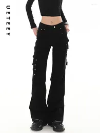 Jeans da donna UETEEY Nero Americano Retro Pantaloni svasati a vita alta Pantaloni skinny Moda Y2k Casual 2024 Slim Denim Cargo