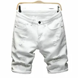 Ny sommarbutik Cott Fi rippade mäns casual jeans shorts vit svart manlig strand shorts elasticitet c02v#