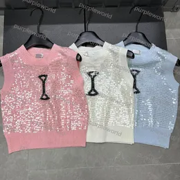 Women T Shirt Sequin Tank Tops Croped Designer Knits Tees Sleeveless Sticke Sport Vest