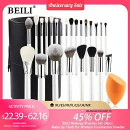 Makeup Beili Pędzers Set 24pcs Make Up Tools for Women Foundation Powder Speyeshadow Brush Brush Natural Goat Hair White/Sier 240315