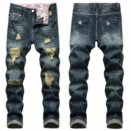 Denim Casual Rised Spodni męskie Fi LG plus rozmiar 28-42 dżinsowe dziura zrujnowana zbitowa kotelka ciemnoniebieska 67LO#