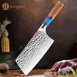 Faca de chef de aço inoxidável, faca de cozinha chinesa, padrão de martelo, antiaderente, afiado, nakiri, utilitário santoku, faca de resina azul