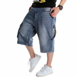 Herren Plus Size Lose Baggy Denim Kurze Männer Jeans Fi Street Hip Hop Lg 3/4 Capri Cargo Shorts Tasche Bermuda Männlich Blau m7re #