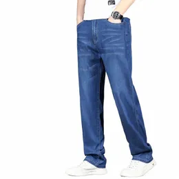 Summer Thin Lyocell Men's Jeans Ice Silk Drape Loose Busin Straight Elastic Casual Denim Pants Fi Trousers 42 44 46 Z2GT#