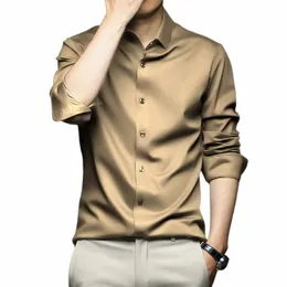 Camisa masculina de mangas LG Suave Rugas Resistente Busin Formal Social Top Conforto Sem Bolsos Clássico Cor Sólida S-5XL 08q3 #
