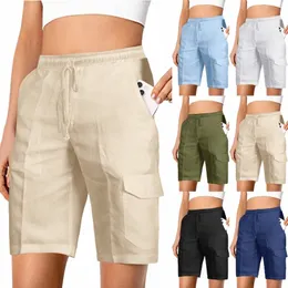 Kvinnors shorts lastbyxor shorts elastisk midja korta byxor stöta blandning ficka sommarstrand fast färg comfot andningsbara Bermuda j6dh#