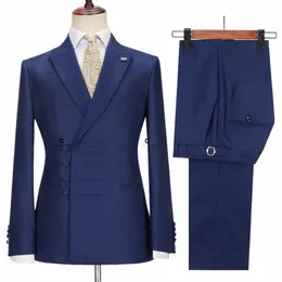 Cenne des Graoom New Vintage Blue Suits for Men Chinening Knot Buttシングル胸ピークラペルジャケットとズボン2 PCSセットオフィスC0EP＃