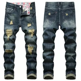 Denim casual rasgado calças masculinas fi lg plus size 28-42 jeans buraco arruinado rasgado cott s azul escuro dropship 80d2 #