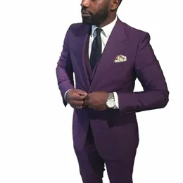 Stevditg Purple Men's Suits 3 -Eup Kurtka Kamizelka Single Breated Notch Lapel Formal Busin Blazer Chic PROM PROMETS H02U#