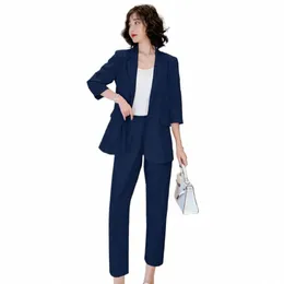 1 Set Women Blazer Spodnie Zestaw 3/4 rękawy Solidny kolor Dame Top Spodni 2 -częściowy zestaw Blazer Office Suit Q1nq#