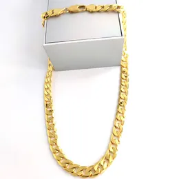Męska biżuteria łańcuchowa 24k g f solidny drobny złoty naszyjnik 12 mm kwadratowy krawężnik Xmas Son Dad Logo 18KT Stamp Heavy308i