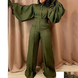 Kvinnors plus storlek jumpsuits rompers höst för damer fl lykta ärm hög midja avvandla krage mode elegant lång droppe del dhtay