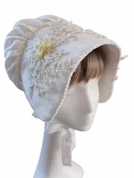 Donne Pellegrino Vittoriano Bnet Lolita Bnet Cappello Bianco Cott Lino Fr Ricamato Cappellino Medievale Vintage Cameriera Cosplay Cappello O0Ed #