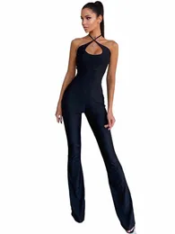 Macacões pretos sexy montados no pescoço para mulheres com manga baixa corte elegante roupa de uma peça leve calças largas salto terno geral u7kE #