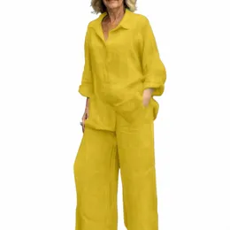 Conjuntos de calças Primavera Terno Elegante das Mulheres Cott Linho Terno Conjunto com Camisa de Manga LG Calças de Perna Larga para Primavera Outono Casual p7hz #