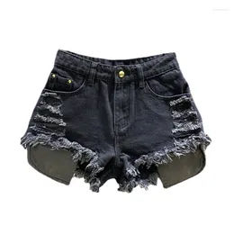 Kvinnors jeans Sommaren Frayed Design Girl Pocket Wide-Ben Denim Shorts for Women A-Line Pants Leak Ripped Beggar Black