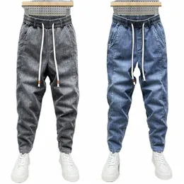 Verão coreano roupas de luxo luz azul juventude luz azul jeans cintura elástica casual denim jeans fino ajuste calças cortadas h8gj #