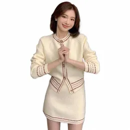 NY FI KVINNA SANDROS TREATER KOTER Tvådel Set Y2K Korean Style Spring and Autumn Sticked Off White Sweater Cardigan G2QY#