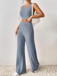 ZAFUL Women Two Piece Pajamas Set O Ring Solid Ribbed Knit Crop Tank Top Wide Leg Pants Loungewear Set