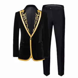 New Men luksus Veet Suit 2 -częściowy klasyczny męski bal maturalny scena haftowa haftowa i spodnie B75x#