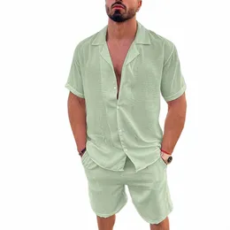 Verão manga curta camisa de bunda e bolsos curtos calça homens casuais soltos duas peças terno 2023 homens praia férias cott conjuntos de linho c9fO #