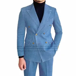 Последний джинсовый костюм, мужской облегающий двубортный деловой костюм, свадебный винтажный смокинг, повседневная куртка на заказ, брюки, 2 шт. D4NU #