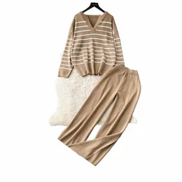 Mulheres Sweater Pant Set Inverno Malha Casual Pullovers Ternos Lg Manga AutumnLoose Tops Elástico Listrado Elegância Sweaterpants d6nh #