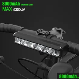 Luzes de bicicleta Luz de bicicleta Frente 5200Lumen LED 8000Mah Lanterna à prova d'água MTB Road Ciclismo Acessórios de lâmpada recarregável 230907 Drop OTVJ2