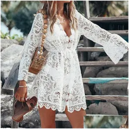 Grundlegende Freizeitkleider Frauen Urlaubskleid Y Weiße Spitze aushöhlen Strand Bikini Er Up Boho Party Sonne Mini Deep-V-Ausschnitt Sommerkleid Drop D Dhabz