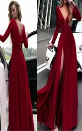 Głębokie vneck z długim rękawem sukienki na bal maturalne z efektownymi rozłamaną czerwoną imprezą na imprezę wieczorową suknie