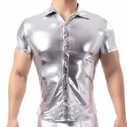 Homens Camisa Brilhante Wetlook Patent Leather Mangas Curtas Turn-Down Collar Sexy T-shirts Butt T-Shirts Tops Clubwear Roupas Casuais W9xr #