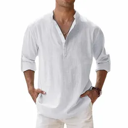 Novas camisas de linho Cott para homens camisas casuais leves manga LG Henley camisas de praia havaianas para homens streetwear y4Fe #