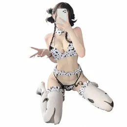 Anime giapponese Cow Cos Costumi Cosplay Latte Mini Bikini Set Donna Lingerie sexy Kawaii Outfit Cameriera Uniforme con calze 49g6 #