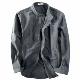 Spring Men Shirt Japan Vintage Style Premium Linen Stand kołnierz Slim Fit Single Bered Proste design Dasual Shirts Fi V8v2#