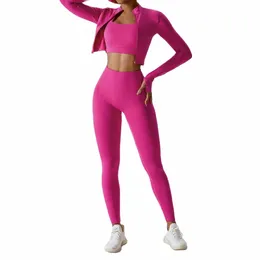 Nclagen Women Sportwear 3 Piece Set Yoga Top Jacket Pants Leggings Sports Bra Scrunch Shorts Gym Träningskläder Fitn Suits E07Z#