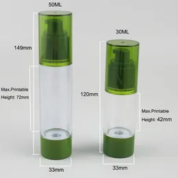 저장 병 12pcs 30/50ml 휴대용 리필 가능한 화장품 에어로스 1oz 5/3oz 플라스틱 처리 펌프 로션 용기가있는 녹색 뚜껑