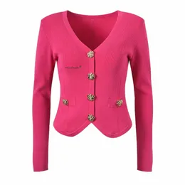 2024 Frühling Eleganter Stil Frauen V-Ausschnitt Entwickelt Hintern Einreiher Strickjacke Design Gestrickte Büro Dame Slim Fitted Mantel y7Nr #