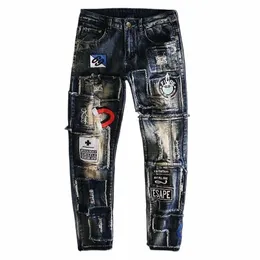 2023 Frühling und Herbst Neue klassische FI-gestickte Patch-Jeans mit geradem Bein Herren Casual Comfort Stretch Hohe Qualität Hosen A7Bu #