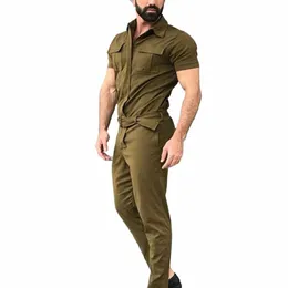 men Jumpsuit With Belt Short Sleeves Turndown Collar Single Breasted Pockets Work Coverall Male Cargo Overalls sudaderas hombres 905s#