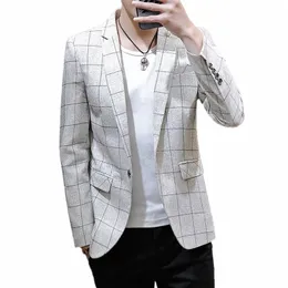 off White Men's Plaid Suit Jacket Spring and Autumn New Terno Masculino Busin Casual Blazer Homme Fi Slim Coat 69WL#