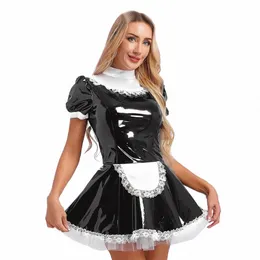 Womens Maid Fancy Dr Cosplay Costume Lame Wet Look Patent Late Lace Trim Apr Puff Sleeve A-Line Ruffled Dres Outfit A6ha#