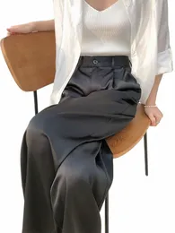 2023 Summer Nowe jedwabne satynowe spodnie damskie wysokie talia swobodne czarne koreańskie spodnie z szerokiej nogi dla kobiet spodni ourowe 39bb#