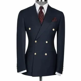 New Navy Blue Men Suit 2 피스 재킷+바지 fi 더블 가슴 남성 형식 Busin 웨딩 세트 x7dg#