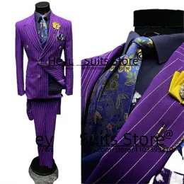 Ltaly Style Purple Stripe Wedding Suits For Men Slim Fit Peak Lapel Groom Tuxedos 2st Set Elegant Male Blazer Trajes de Hombre Z2fs#