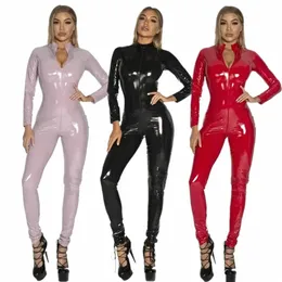 Plus -storlek kvinnor svart röd rosa sexig glänsande patent läder pu blixtlås öppen gren jumpsuit nattklubb våt look bodysuit clubwear l2dn#