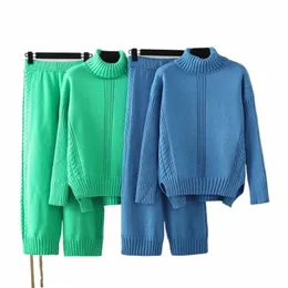 hlbcbg Cmere Womens Tracksuits Knitted Thick Women Turtleneck Sweater 2/Two Piece Sets Drawstring Harem Pants Suits Outfits K2LC#