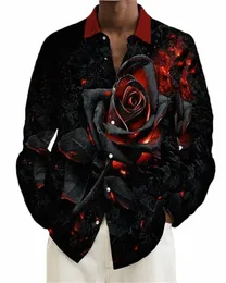 2023 New Fi Men's Casual Polo Neck LG Sleeve Shirt Flame Rose Print Soft Material Saudável Top Primavera / Verão A42C #